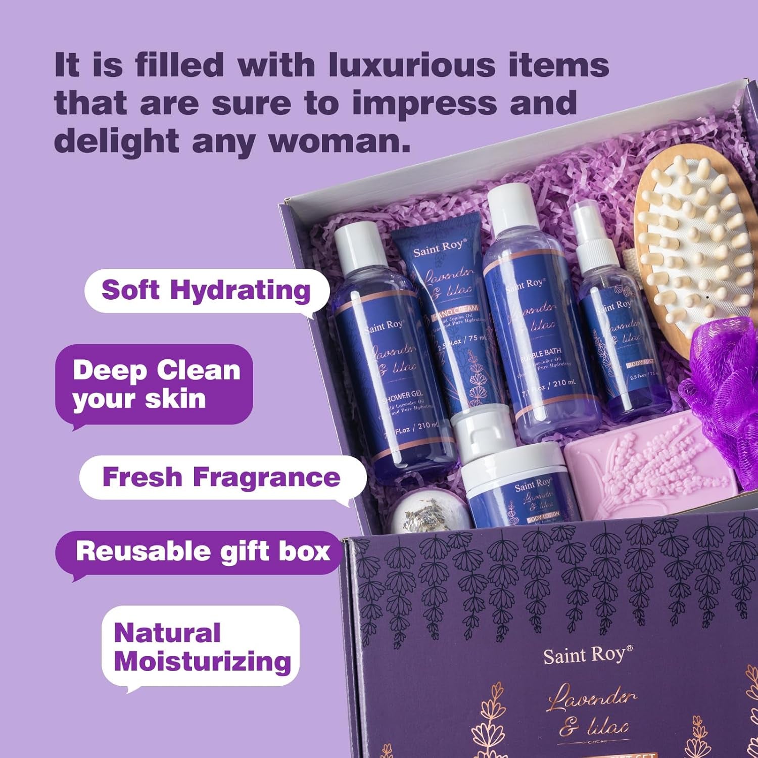 Valentines Day Gifts for Her Birthday Gifts for Women, Lavender Relaxing Spa Gifts Basket Set for Women, Self Care Gift Unique Idea for Mom Her with Massage Body Rush, Bath Bomb, Christmas Gift