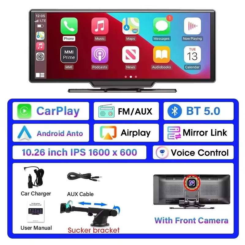 Yunpan 10.26" Dash Cam 4K 2160P Rearview Camera Carplay & Android Auto Dvr Gps Navigation Voice Control Car Dvr 5G Bt Fm Monitor